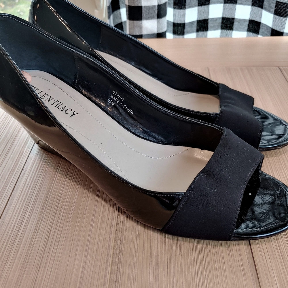 Ellen Tracy patent leather peep toe wedge